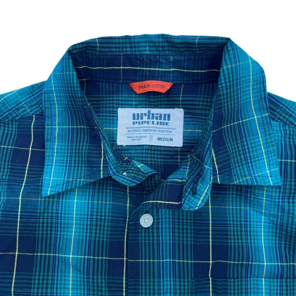 Boys Long Sleeve Med (14) Shirt Button Down Green Blue Plaid Urban Pipeline